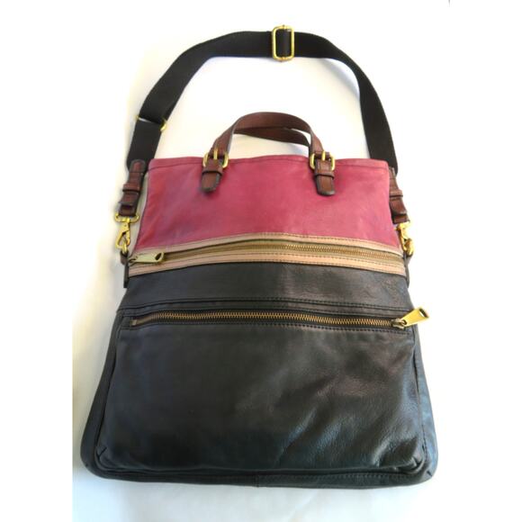 FOSSIL Explorer Leather Tote Crossbody Shoulder Bag Black/Mauve - Picture 2 of 12
